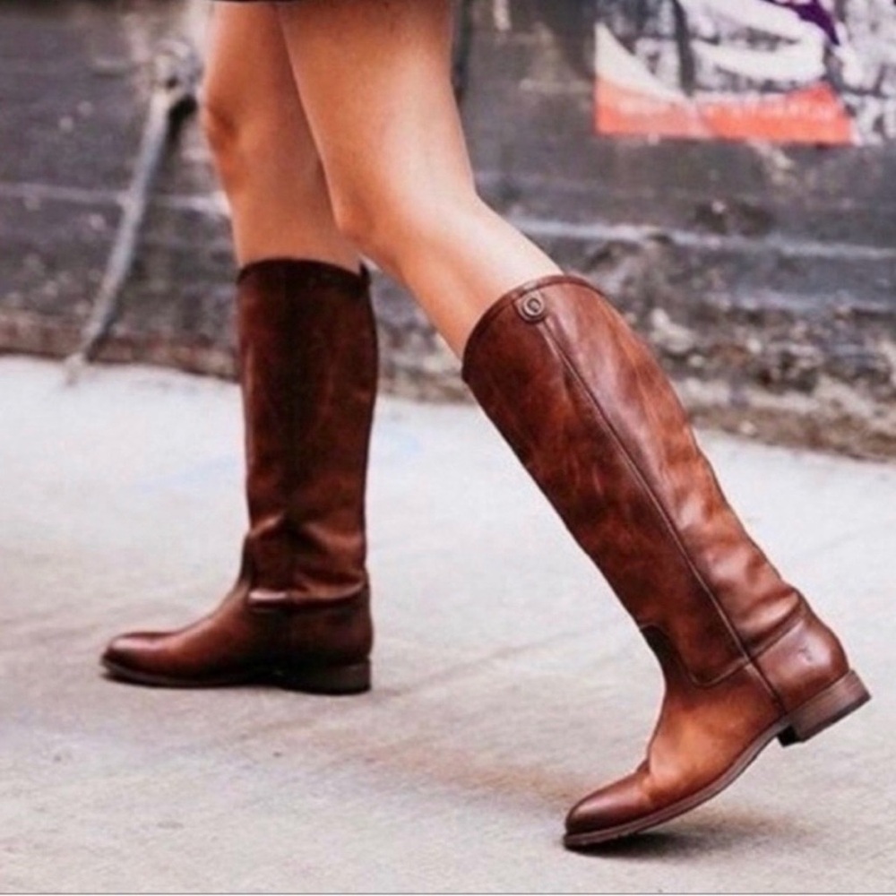 Frye Cognac Leather Melissa Button Distressed Tall Riding Boots, size 8B